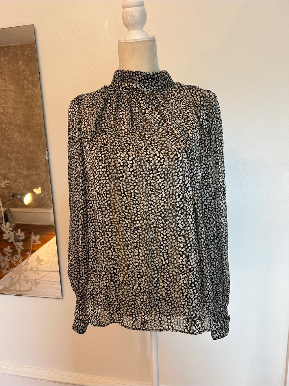 H&M Black Blouse with White Dot Print and Ruffled Neck